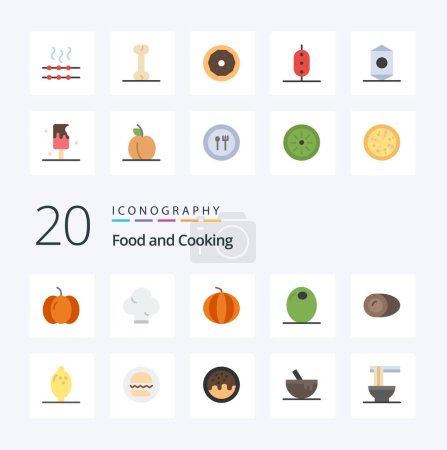 Téléchargez les illustrations : 20 aliments plat icône couleur Pack comme nourriture noix de coco nourriture légume - en licence libre de droit