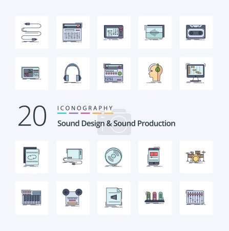 Ilustración de 20 Diseño de sonido y línea de producción de sonido llenado Color icono Pack. como jugador. medios de comunicación. interfaz. vinilo. fonógrafo - Imagen libre de derechos