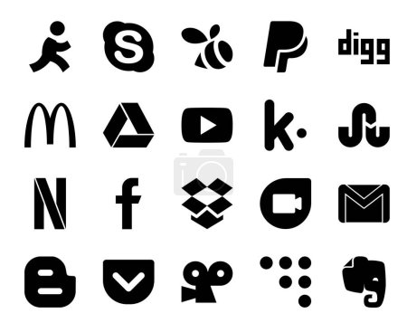 Ilustración de 20 Paquete de iconos de redes sociales Incluyendo correo electrónico. google duo. youtube. dropbox. netflix - Imagen libre de derechos
