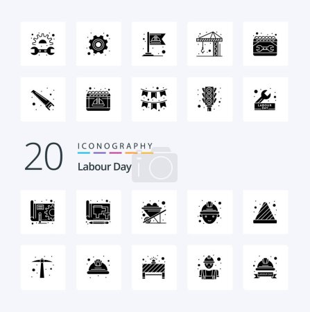 Téléchargez les illustrations : 20 icône de glyphe solide de fête du travail Pack comme le travail de travailleur d'impression de cône d'arrêt - en licence libre de droit