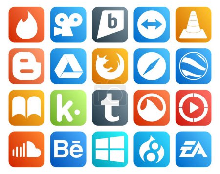 Illustration for 20 Social Media Icon Pack Including grooveshark. kik. google drive. ibooks. browser - Royalty Free Image