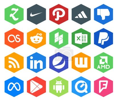 Illustration for 20 Social Media Icon Pack Including google play. meta. excel. amd. pepsi - Royalty Free Image