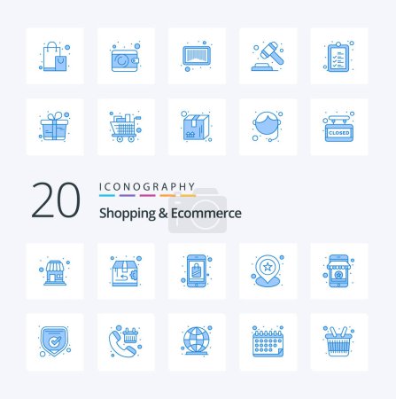 Ilustración de 20 Compras y comercio electrónico icono de color azul Paquete como aplicación de ubicación de bolsa estrella de calificación - Imagen libre de derechos