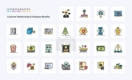 Téléchargez les illustrations : 25 Customer Relationship And Employee Benefits Line Emballage d'icônes rempli - en licence libre de droit