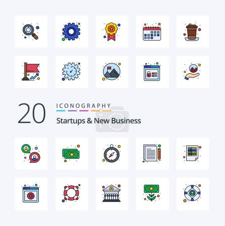 Ilustración de 20 Startups y nueva línea de negocio llena icono de color Paquete como hojas documentos de planificación de flujo de trabajo de reloj - Imagen libre de derechos