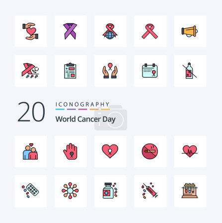 Illustration for 20 World Cancer Day Line Filled Color icon Pack like patient love hand heart cancer - Royalty Free Image