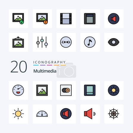 Illustration for 20 Multimedia Line Filled Color icon Pack like video film toggle photo alert - Royalty Free Image