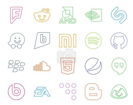 Illustration for 20 Social Media Icon Pack Including beats pill. pepsi. spotify. html. sound - Royalty Free Image