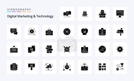 Ilustración de 25 Paquete de iconos de glifos sólidos de marketing y tecnología digital - Imagen libre de derechos