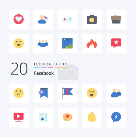Illustration for 20 Facebook Flat Color icon Pack like heart feeling golf faint emoji - Royalty Free Image