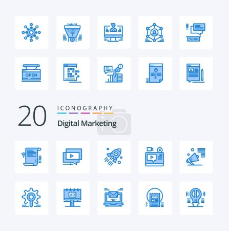 Illustration for 20 Digital Marketing Blue Color icon Pack like blog video video project business - Royalty Free Image