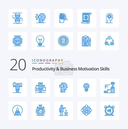 Ilustración de 20 Habilidades de productividad y motivación empresarial Icono de color azul Paquete como trofeo taza de premio logro mental visión - Imagen libre de derechos