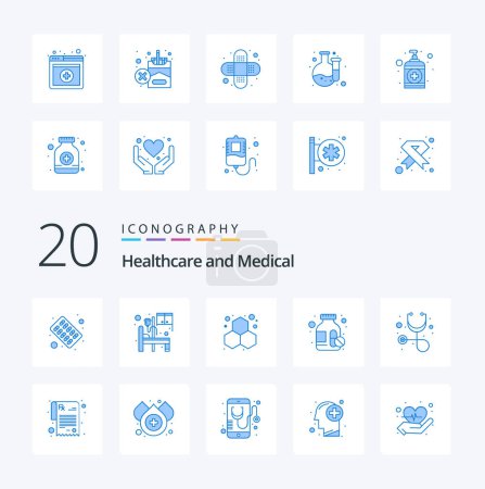Ilustración de 20 Médico azul icono de color Pack como estetoscopio diagnóstico química píldoras medicamentos - Imagen libre de derechos