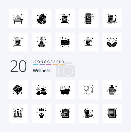 Téléchargez les illustrations : 20 icône de glyphe solide de bien-être Pack comme la bouteille médicale salle de bain stéthoscope hôpital - en licence libre de droit