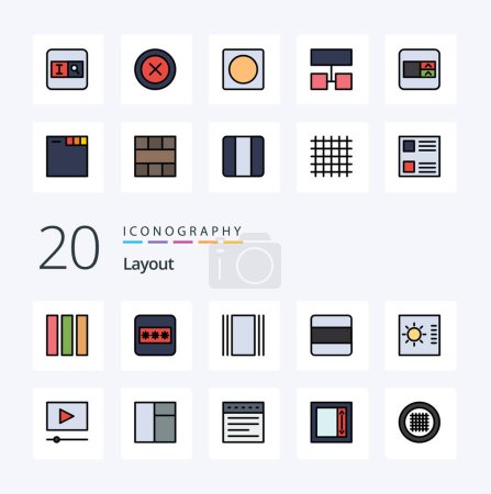 Ilustración de 20 Línea de diseño llena icono de color Paquete como la pila de control horizontal de calibre de cine - Imagen libre de derechos