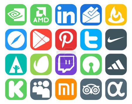 Illustration for 20 Social Media Icon Pack Including adidas. twitch. apps. envato. nike - Royalty Free Image