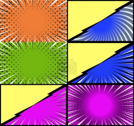 Ilustración de Libro de historietas marcos coloridos fondo con rayos de medio tono radial y punteado efectos pop art style - Imagen libre de derechos