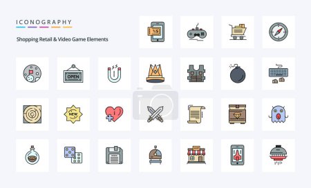 Téléchargez les illustrations : Pack d'icônes de style rempli par ligne de 25 éléments de jeu vidéo et de vente au détail - en licence libre de droit