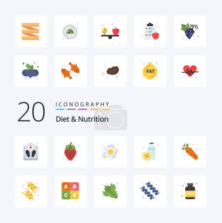 Ilustración de 20 dieta y nutrición plana icono de color paquete como jugo de zanahoria huevo botella saludable - Imagen libre de derechos
