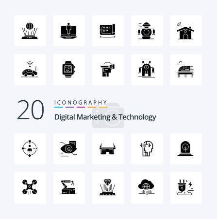 Téléchargez les illustrations : 20 Digital Marketing and Technology Solid Glyph icon Pack comme l'homme virtuel de tête de plante artificiel - en licence libre de droit