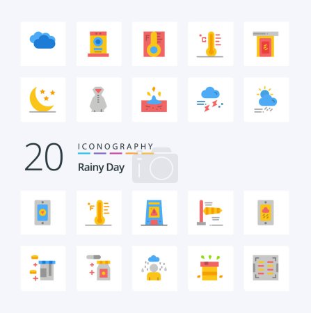 Illustration for 20 Rainy Flat Color icon Pack like signal temperature dryer sun light - Royalty Free Image