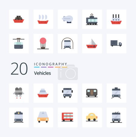 Ilustración de 20 Vehículos Icono de color plano Pack como caravana de transporte de pasajeros tranvía ferroviario - Imagen libre de derechos