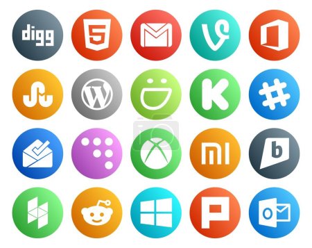 Ilustración de 20 Paquete de iconos de redes sociales incluyendo xiaomi. coderwall. wordpress. bandeja de entrada. holgura - Imagen libre de derechos