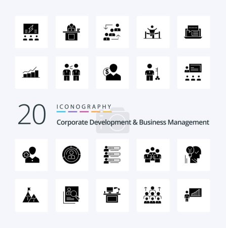 Illustration for 20 Corporate Development And Business Management Solid Glyph icon Pack like profile graphs features skills profile - Royalty Free Image