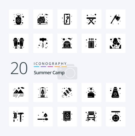 Illustration for 20 Summer Camp Solid Glyph icon Pack. like sun. cream. meat. picnic. gas - Royalty Free Image