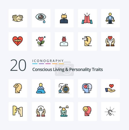 Ilustración de 20 Concious Living And Personality Traits Line Filled Color icon Pack like charity hearing yoga communication inspiration - Imagen libre de derechos