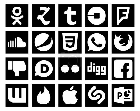 Ilustración de 20 Paquete de iconos de redes sociales Incluyendo flickr. No me gusta. Sonido. navegador. whatsapp - Imagen libre de derechos