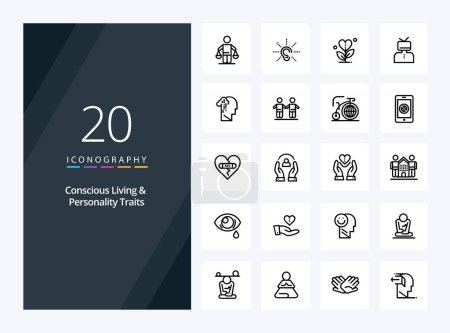 Téléchargez les illustrations : 20 Traits conciliants de vie et de personnalité icône de contour pour la présentation - en licence libre de droit