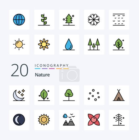 Illustration for 20 Nature Line Filled Color icon Pack like moon tent greenery nature marine - Royalty Free Image