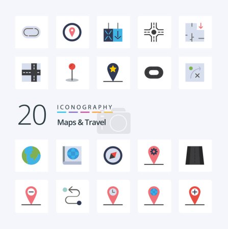 Illustration for 20 Maps  Travel Flat Color icon Pack like location route perspective road location - Royalty Free Image