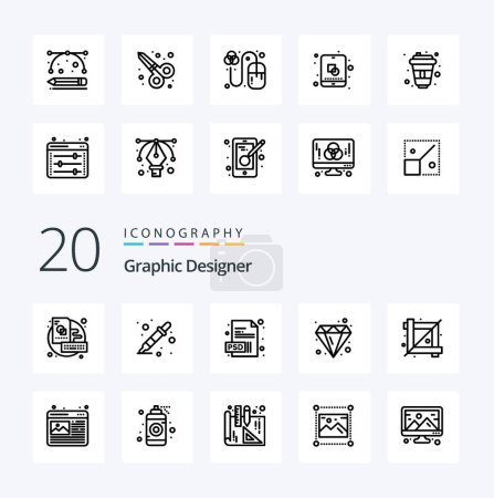 Illustration for 20 Graphic Designer Line icon Pack like designing tool crop document jewel brilliant - Royalty Free Image