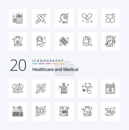 Téléchargez les illustrations : 20 Icône de ligne médicale Pack comme des services de clavier laver stéthoscope en ligne - en licence libre de droit