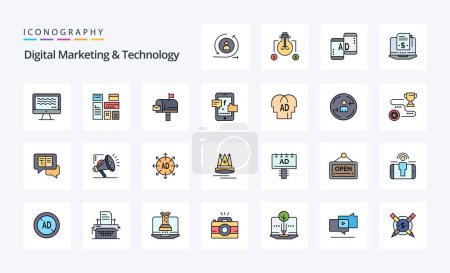 Paquete de iconos de 25 líneas de marketing y tecnología digital