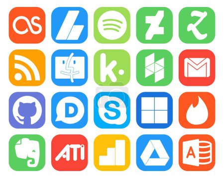 Ilustración de 20 Paquete de iconos de redes sociales Incluyendo delicioso. skype. kik. disqus. correo electrónico - Imagen libre de derechos
