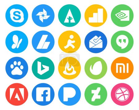 Téléchargez les illustrations : 20 Pack d'icônes de médias sociaux incluant adobe. envato. annonces. Brûleur d'alimentation. baidu - en licence libre de droit