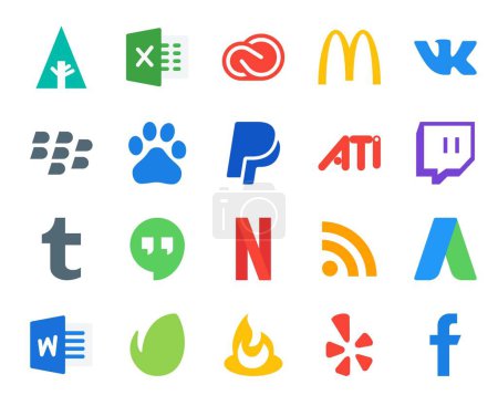 Illustration for 20 Social Media Icon Pack Including word. rss. baidu. netflix. tumblr - Royalty Free Image