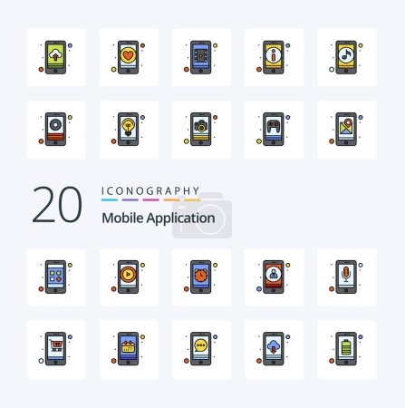 Téléchargez les illustrations : 20 Mobile Application Line Icône couleur remplie Pack comme application utilisateur d'alarme de connexion enregistreur mobile - en licence libre de droit