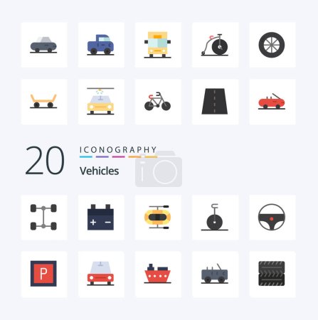 Téléchargez les illustrations : Pack d'icônes couleur plate de 20 véhicules. comme van. Voiture. monocycle. véhicules. roue - en licence libre de droit
