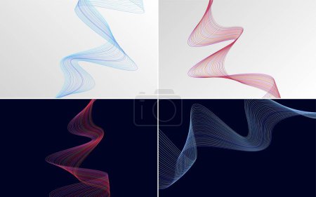 Téléchargez les illustrations : Ensemble de 4 décors vectoriels avec motifs d'ondes géométriques et lignes abstraites - en licence libre de droit