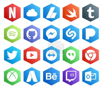 Ilustración de 20 Paquete de iconos de redes sociales incluyendo cromo. teamviewer. mensajero. Vídeo. tweet - Imagen libre de derechos