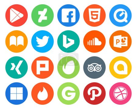 Téléchargez les illustrations : 20 Pack d'icônes pour les médias sociaux, y compris tripadvisor. plurk. tweet. xing. musique - en licence libre de droit