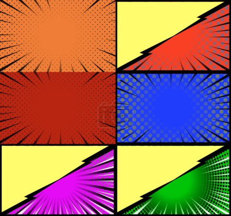 Ilustración de Libro de historietas marcos coloridos fondo con rayos de medio tono radial y punteado efectos pop art style - Imagen libre de derechos