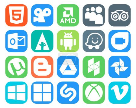 Ilustración de 20 Paquete de iconos de redes sociales Incluyendo microsoft. foto. androide. houzz. bloguero - Imagen libre de derechos