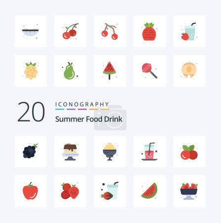 Téléchargez les photos : 20 Summer Food Drink Pack icône couleur plate. comme des fruits. Des cerises. Un cocktail. Du jus. boisson - en image libre de droit