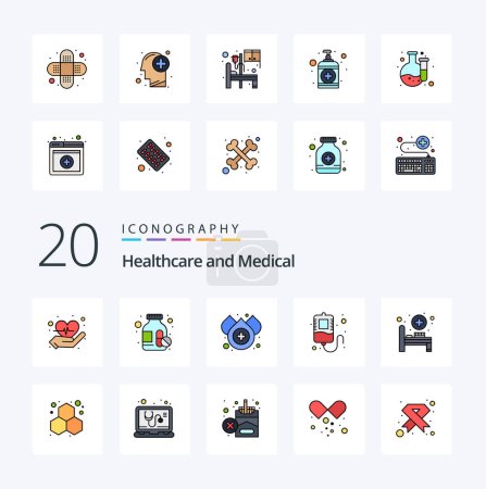 Téléchargez les illustrations : 20 Icône de couleur remplie de ligne médicale Pack comme lit de salle médicale d'eau de chimie de laboratoire - en licence libre de droit