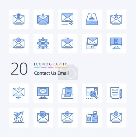 Illustration for 20 Email Blue Color icon Pack like write mail outbox letter find - Royalty Free Image